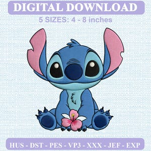 May include: A digital embroidery design of a blue creature with large ears and a pink flower, labeled DIGITAL DOWNLOAD 5 SIZES: 4 - 8 inches, with file formats HUS, DST, PES, VP3, XXX, JEF, and EXP listed at the bottom of the image.
