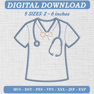 Puede incluir: Un diseño de bordado digital de una casaca médica con cuello en V, un estetoscopio y un pequeño lazo en el escote. El texto dice DIGITAL DOWNLOAD y 5 SIZES: 5 - 15 cm. Los formatos de archivo incluyen HUS, DST, PES, VP3, XXX, JEF, EXP.