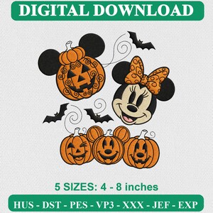 May include: A digital embroidery design featuring a pumpkin with black mouse ears, a character face with an orange polka dot bow, and three smaller jack-o'-lanterns with mouse ears, accented by three black bats and swirls. Text reads: DIGITAL DOWNLOAD, 5 SIZES: 4 - 8 inches, HUS - DST - PES - VP3 - XXX - JEF - EXP.