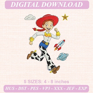 May include: Digital download embroidery design featuring a cartoon cowgirl with red hair, a red hat, white shirt, blue pants with black spots, and brown boots. Includes a cloud, yellow star, rocket, and planet. Text reads: DIGITAL DOWNLOAD 5 SIZES: 4 - 8 inches.