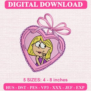 Op de afbeelding: Een digitaal borduurontwerp met een stripfiguur met blond haar en een paarse top in een roze hartvormig frame met een strik. De tekst luidt DIGITAL DOWNLOAD, 5 SIZES: 4 - 8 inches, HUS - DST - PES - VP3 - XXX - JEF - EXP.