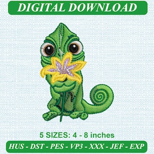 May include: A digital embroidery design featuring a green chameleon holding a yellow and purple flower. The text reads DIGITAL DOWNLOAD and 5 SIZES: 4 - 8 inches, with file formats HUS, DST, PES, VP3, XXX, JEF, and EXP listed at the bottom.
