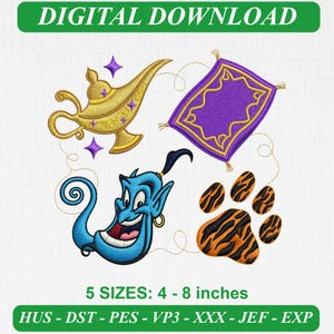 Disney Aladdin Genie Magic Embroidery Design, Clean Modern Apparel Pattern, DST PES Files for 4x4 Hoop