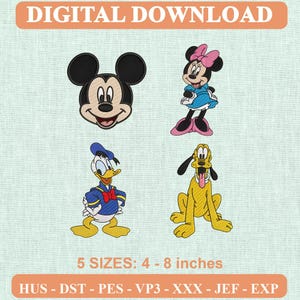 Könnte beinhalten: Digitales Stickmuster-Download-Set mit vier klassischen Zeichentrickfiguren: Mickey Mouse Kopf, Minnie Mouse im blauen Kleid, Donald Duck im Matrosenanzug und Pluto. Text: 'DIGITAL DOWNLOAD', '5 SIZES: 4 - 8 inches' sowie verschiedene Dateiformate.