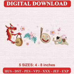 Retro Vintage Embroidered Mushu Mulan Dragon Embroidery, Embroidered Mushu Mulan Dragon Machine Embroidery Design, Digital Download DST PES