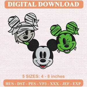 May include: Digital embroidery design featuring three Mickey Mouse heads: one wrapped in white bandages, one in green bandages, and one standard black and white face. Text reads DIGITAL DOWNLOAD and 5 SIZES: 4 - 8 inches with file formats HUS, DST, PES, VP3, XXX, JEF, EXP.