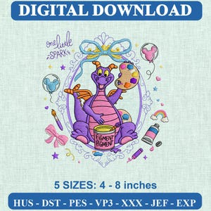 May include: A digital embroidery design featuring a purple dragon holding a paint palette and a paint brush, sitting inside an ornate frame. The text reads "one little SPARK" and "FIGMENT PIGMENT". Includes balloons, a rainbow, and a bow.