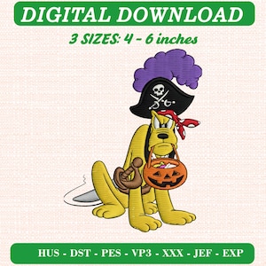 Puede incluir: Diseño de bordado de descarga digital con un perro de dibujos animados amarillo vestido de pirata con un sombrero negro de calavera, una pluma morada y un pañuelo rojo, sosteniendo una cubeta de dulces de calabaza naranja. Tamaños: 10-15 cm.