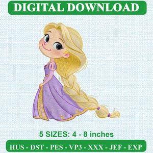 May include: A digital embroidery design featuring a cartoon character with long blonde hair in a braid, wearing a purple dress. The text reads DIGITAL DOWNLOAD, 5 SIZES: 10 - 20 cm, and HUS - DST - PES - VP3 - XXX - JEF - EXP.