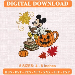 May include: Digital download embroidery design featuring Mickey Mouse wearing a white sheet as a ghost costume, reading a book while sitting on a jack-o'-lantern mug. Includes a stack of books, a small pumpkin, and autumn leaves. 5 sizes: 4-8 inches.