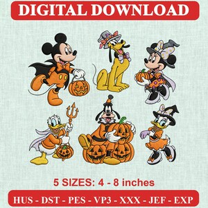 May include: Digital download embroidery design featuring Mickey Mouse, Pluto, Minnie Mouse, Donald Duck, Goofy, and Daisy Duck in Halloween costumes with pumpkins. Text reads DIGITAL DOWNLOAD and 5 SIZES: 4 - 8 inches with file formats HUS, DST, PES, VP3, XXX, JEF, EXP.