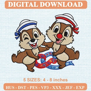 Puede incluir: Diseño de bordado de descarga digital con dos ardillas listadas marrones con gorros de marinero, una con cinta azul y otra con cinta roja, sosteniendo una cinta roja y azul en forma de infinito con iconos de anclas. Incluye 5 tamaños: 10 - 20 cm.