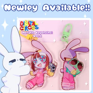 Puede incluir: Llaveros acr&iacute;licos con personajes de "The Amazing Digital Circus". Los llaveros tienen forma de conejos de dibujos animados, uno de ellos sosteniendo un arma. El texto "Newley Available!!" y "Acrylic Keychains! Vol. 2" son visibles.