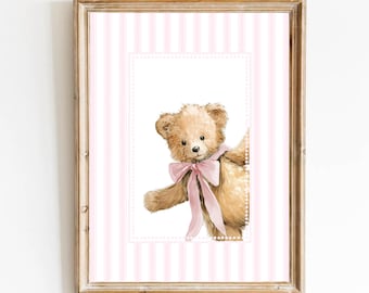Pink Teddy Bear Nursery Art Print: Classic Girl Bedroom Nursery Decor (Digital Download)