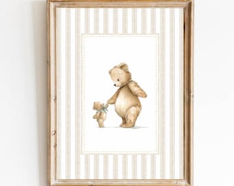 Neutral Nursery Art Beige Bear Nursery Tan Boy Decor Vintage Teddy Bear Poster Boy Bedroom Art Woodland Animal Newborn Art Stripe Bear
