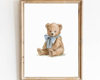Blue Boy Nursery Bear Blue Teddy Bear Nursery Art Teddy Bear Poster Vintage Nursery Decor Blue Bear Poster Baby Boy Room Prints