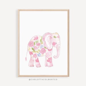 Imprimé éléphant animal safari, chambre de bébé fille rose, art floral pour chambre de bébé, animaux de la jungle fleurs, affiche girly rose, art mural chambre d'enfant preppy