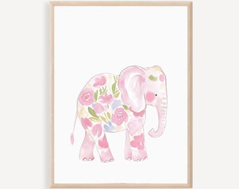 Safari Animal Elephant Print, Pink Girl Nursery, Floral Nursery Art, Flower Jungle Animals, Pink Girly Poster, Preppy Nursery Wall Art