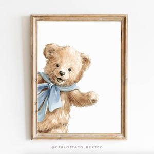 Blue Teddy Bear Nursery Art Print: Vintage Boy Room Decor (Digital Download)