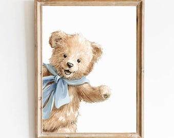 Blue Teddy Bear Nursery Art Print: Vintage Boy Room Decor (Digital Download)