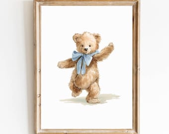Vintage Blue Teddy Bear Nursery Art Print: Boy's Room Decor (Digital Download