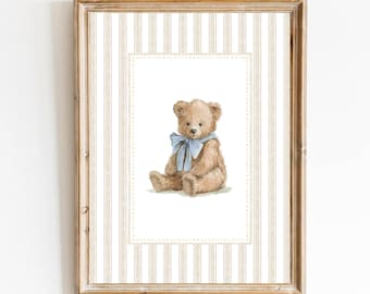 Neutral Nursery Beige & Blue Nursery Decor Vintage Teddy Bear Poster Boy Bedroom Art Woodland Animal Newborn Art Stripe Bear