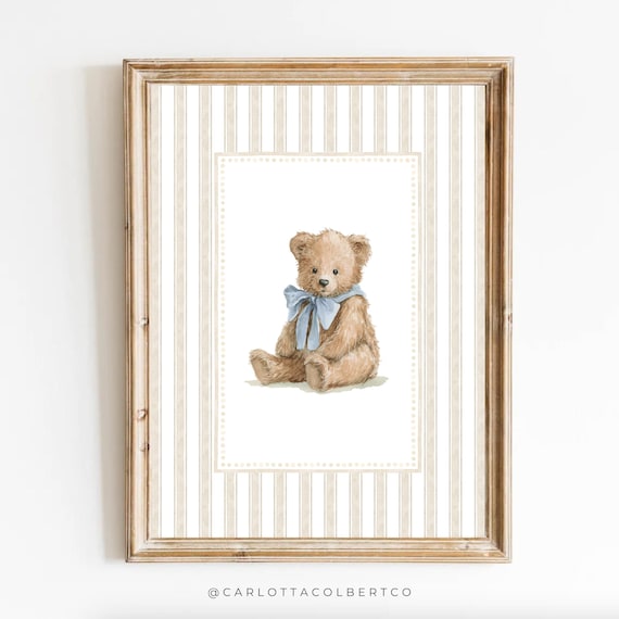Neutral Nursery Beige & Blue Nursery Decor Vintage Teddy Bear Poster Boy Bedroom Art Woodland Animal Newborn Art Stripe Bear