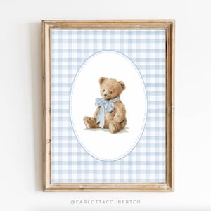 Bear Nursery Art Blue Boy Nursery Print Blue Gingham Vintage Nursery Teddy Bear Poster Vintage Blue Bear Poster Baby Boy Room Boy Bedroom