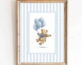 Blue Boy Nursery Art Bear Nursery Blue Boy Nursery Decor Grandmillennial Nursery Teddy Bear Poster Vintage Blue Bear Poster Baby Boy Balloon