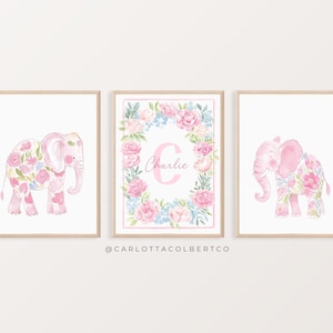 Rosa Safari-Tier-Kinderzimmer-Kunst, Blumen-Kinderzimmer-Kunst, Blumen-Safari-Tiere, rosa Mädchen-Druck, Adrette Kinderzimmer-Wand-Kunst, 3er-Set
