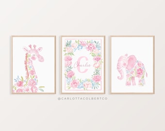 Floral Elephant Giraffe Nursery Art Prints: Pink Safari Decor (Digital Download)