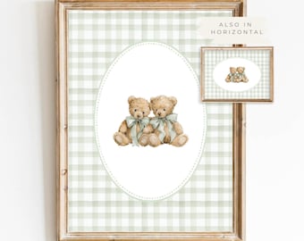 Twin Boy Nursery Art Sage Green Gingham Teddy Bear Poster Brother Bears Nursery Art Baby Boy Vintage Nursery