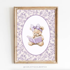 Lavender Nursery Floral Bear Purple Nursery Wall Art Grandmillennial Nursery Bear Poster Vintage Lavender Teddy Bear Girl Room Book Lover