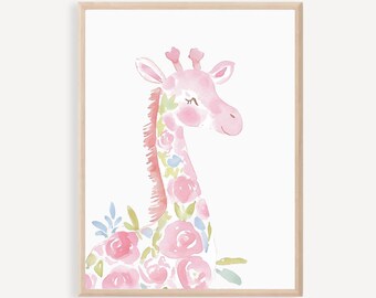 Floral Giraffe Nursery Print: Pink Safari Animal Art (Digital Download)