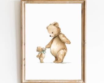 Decorazione per cameretta orsetto verde salvia, decorazione per cameretta orsetto mamma e bambino, poster per cameretta orsetto, cameretta vintage verde salvia per neonato, cameretta con animali del bosco
