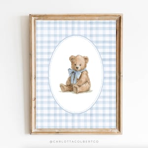 Bear Nursery Art Blue Boy Nursery Print Blue Gingham Vintage Nursery Teddy Bear Poster Vintage Blue Bear Poster Baby Boy Room Boy Bedroom