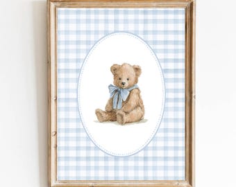 Bear Nursery Art Blue Boy Nursery Print Blue Gingham Vintage Nursery Teddy Bear Poster Vintage Blue Bear Poster Baby Boy Room Boy Bedroom