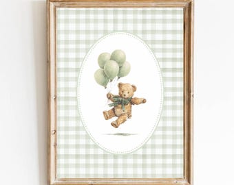 Bear Nursery Art Vintage Nursery Sage Green Boy Nursery Decor Grandmillennial Nursery Teddy Bear Poster Balloons Sage Green Bear Poster Baby