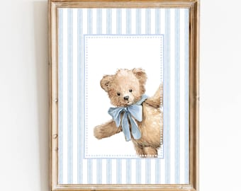 Vintage Blue Teddy Bear Nursery Art Print: Boy's Room Decor (Digital Download)
