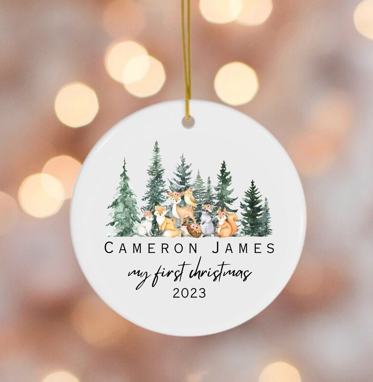 Woodland Baby First Christmas Ornament, Personalized Baby Christmas