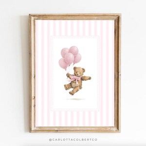 Bären-Kinderzimmer-Kunst, Vintage-Kinderzimmer, rosa Streifen, Teddybär, Luftballons, Babyzimmer-Dekoration, rosa Bären-Druck, Babyzimmer-Art