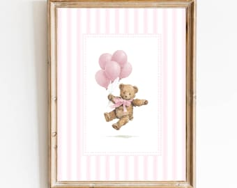 Stampa vintage per cameretta di un orsacchiotto: palloncini rosa, Grandmillennial Art (download digitale)