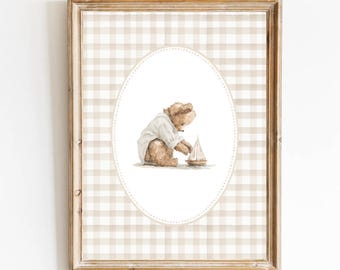 Teddy Bear Nursery Art Printable | Sailboat Nursery Decor | Coastal Preppy Nursery Wall Art | Vintage Baby Room Print Gender Neutral