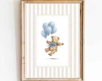 Neutral Nursery Beige Blue Bear Nursery Tan Boy Decor Vintage Teddy Bear Poster Boy Bedroom Art Woodland Animal Newborn Art Stripe Bear