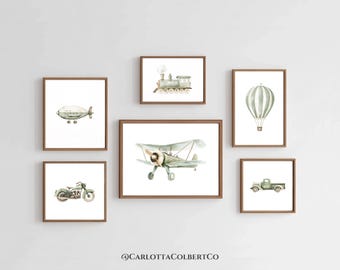 Vintage Travel Boy Nursery Car Truck Plane Biplane Train Transportation Nursery Wall Art Green Travel Boys Nursery Art Boys Wall Art Set
