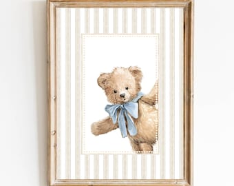 Blue Teddy Bear Neutral Nursery Art Print: Vintage Boy Room Decor (Digital Download)