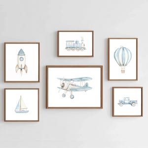 Blue Vintage Transportation Wall Art Nursery Vehicles Art Prints Blue Boys Room Decor Hot Air Balloon Car Truck Train Plane Vintage Art