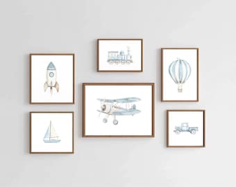 Blue Vintage Transportation Wall Art Nursery Vehicles Art Prints Blue Boys Room Decor Hot Air Balloon Car Truck Train Plane Vintage Art