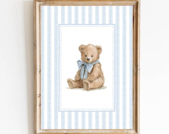 Blue Boy Nursery Art Vintage Bear Nursery  Decor Grandmillennial Nursery Teddy Bear Poster Vintage Blue Bear Poster Baby Boy Room