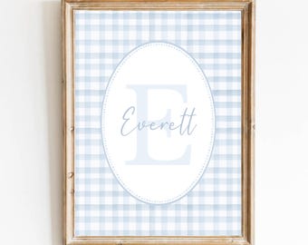 Custom Name Nursery Print, Blue Preppy Name Print, Gingham Nursery, Plaid Nursery Monogram, Boy Bedroom Initial Print
